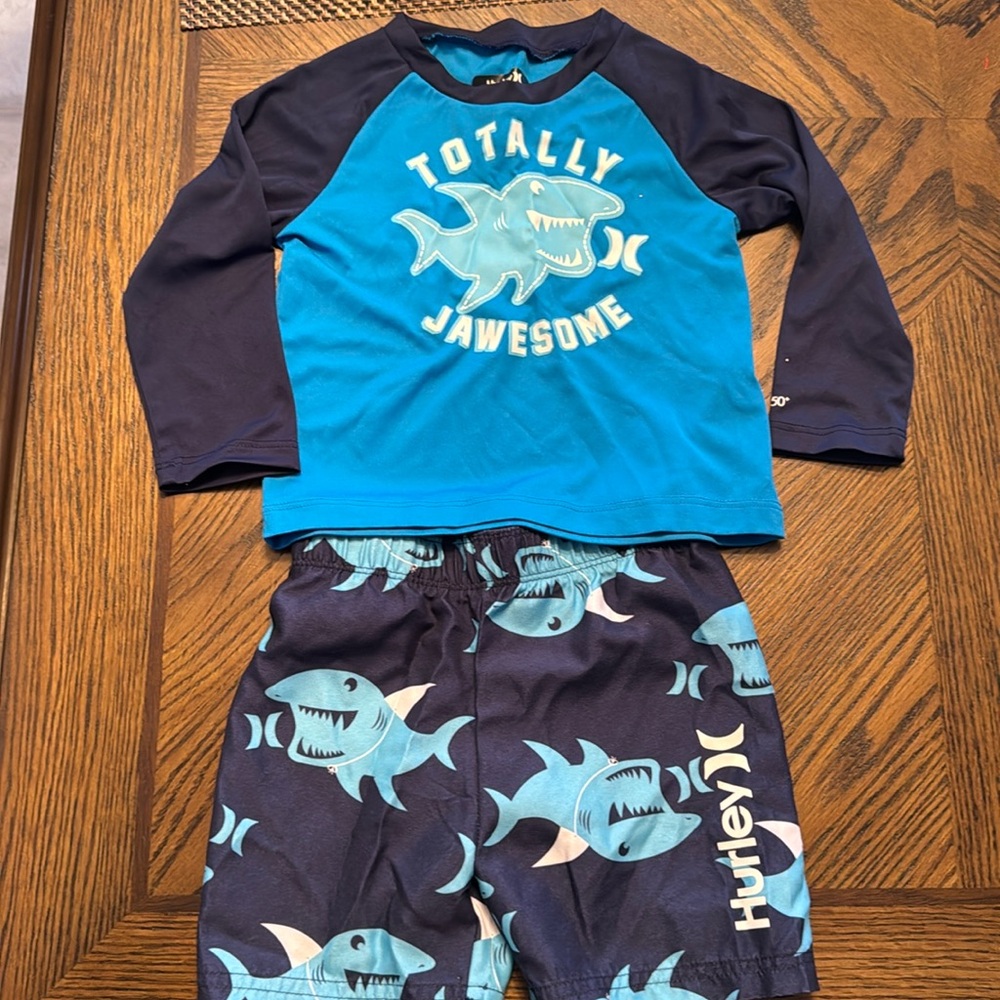 Hurley toddler, swim trunks and rash guard